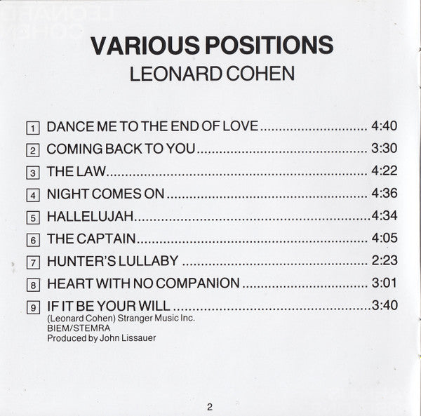 Leonard Cohen : Various Positions (CD, Album, RE)