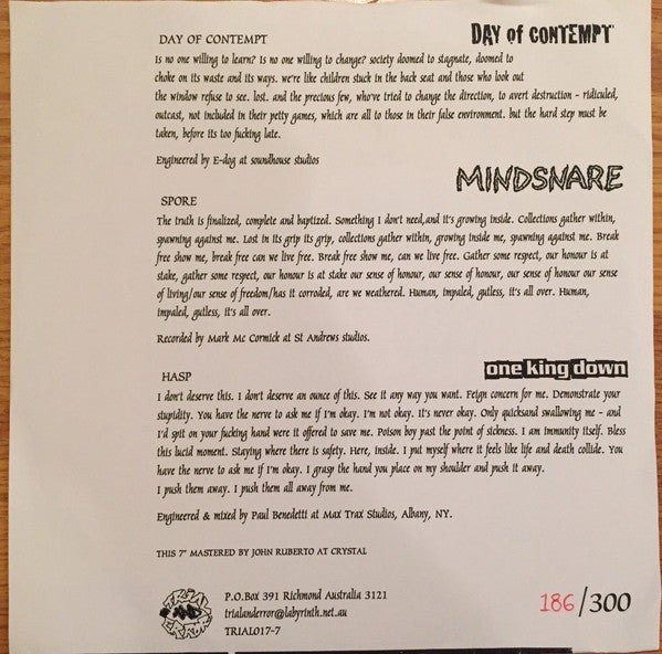 Day Of Contempt / Mindsnare / One King Down : March 2001 AD Australian Tour 7" (7", Ltd, Num, W/Lbl)