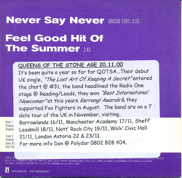 Queens Of The Stone Age : Never Say Never (CD, Single, Promo)