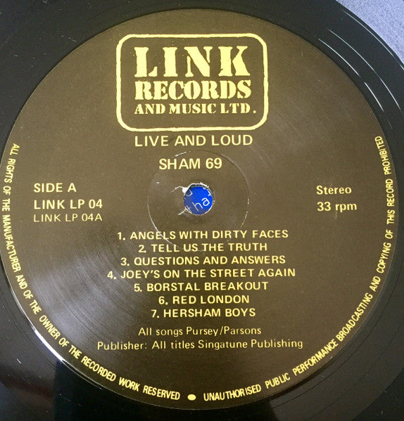 Sham 69 : Live And Loud!! (LP, Album, RP, Bla)