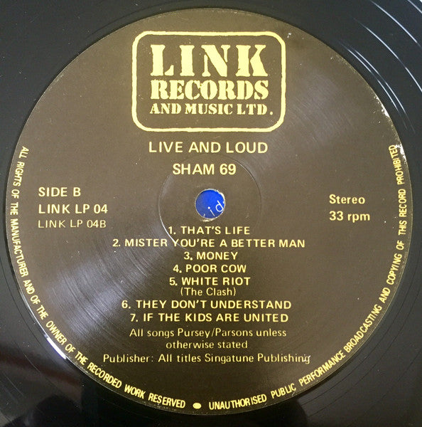 Sham 69 : Live And Loud!! (LP, Album, RP, Bla)
