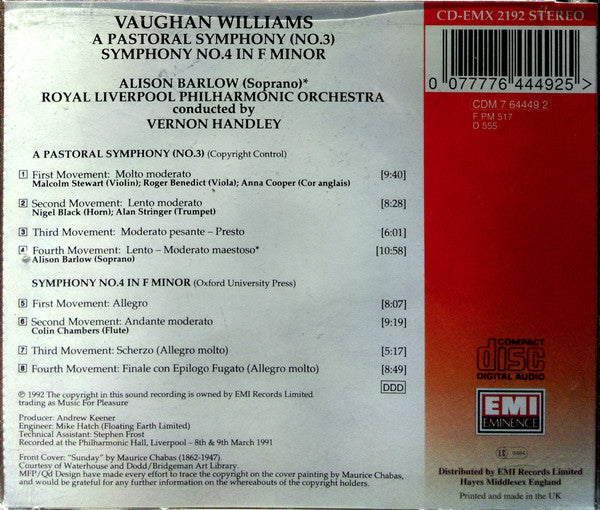 Vaughan Williams* / Alison Barlow, Royal Liverpool Philharmonic Orchestra, Vernon Handley : A Pastoral Symphony (No.3) Symphony No.4 In F Minor (CD, Album, RE)