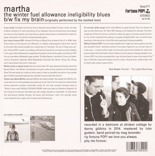 Martha (13) : The Winter Fuel Allowance Ineligibility Blues b/w Fix My Brain (7", Single, Ltd, Gre)