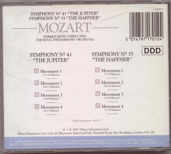 Mozart*, Enrique Batiz, The Royal Philharmonic Orchestra* : Symphony N.41 'The Jupiter' & Symphony N.35 'The Haffner' (CD, Dis)