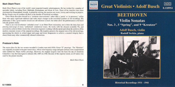 Beethoven*, Adolf Busch, Rudolf Serkin : Violin Sonatas (CD, Comp)
