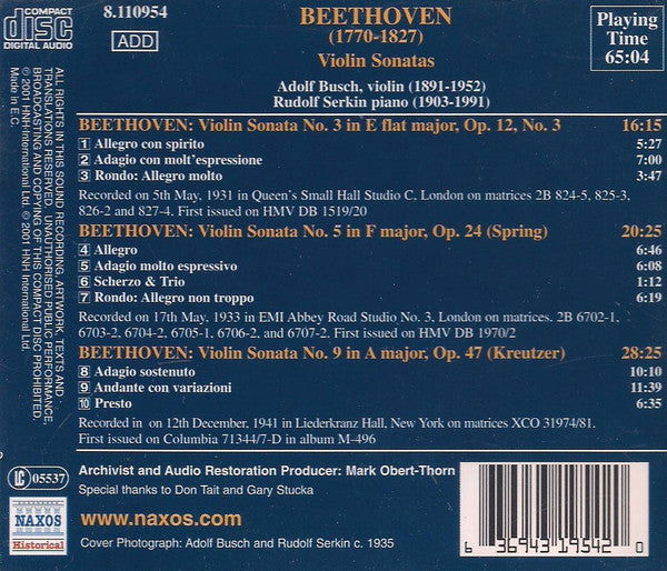 Beethoven*, Adolf Busch, Rudolf Serkin : Violin Sonatas (CD, Comp)