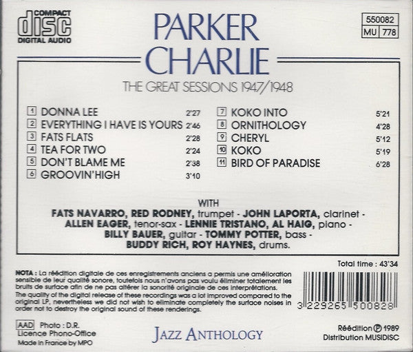 Charlie Parker : The Great Sessions 1947/1948 (CD, Comp, Mono, RE)