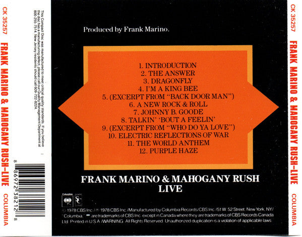 Frank Marino & Mahogany Rush : Live (CD, Album, RE)