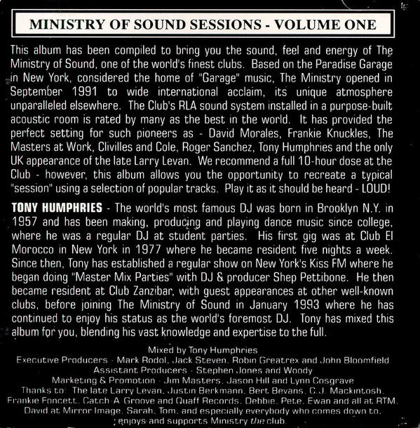 Tony Humphries : Ministry Of Sound (The Sessions Volume One) (CD, Comp, Mixed)