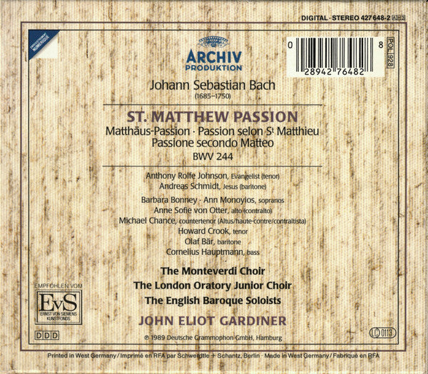 J.S. Bach* – John Eliot Gardiner : St. Matthew Passion = Matthäus-Passion = Passion Selon St Matthieu (3xCD, RP, PMD + Box, Sli)