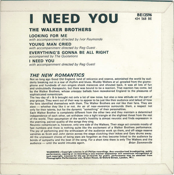 The Walker Brothers : I Need You (7", EP, Mono)