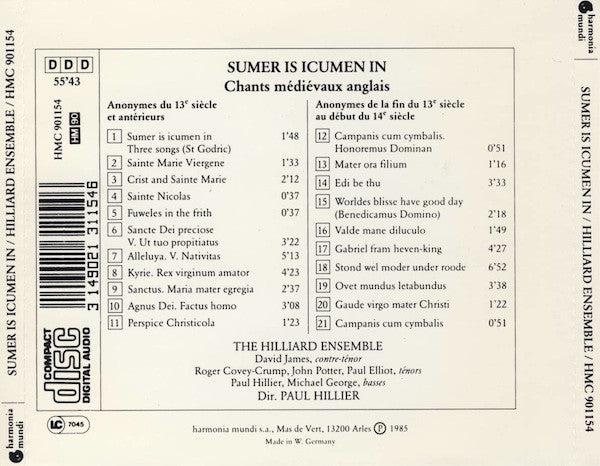 The Hilliard Ensemble : Sumer Is Icumen In (Chants Médiévaux Anglais) (CD, Album)