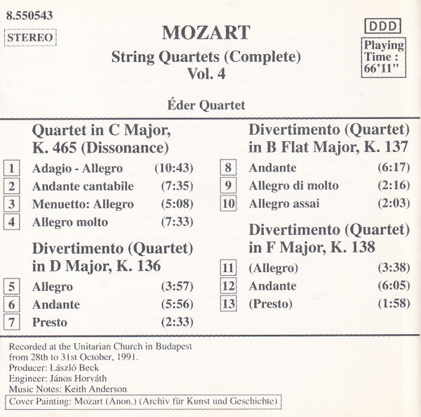 Mozart* : Éder Quartet : String Quartets (Complete) Vol. 4: K. 136 • K. 137 • K. 138 • K. 465 (CD, Album)