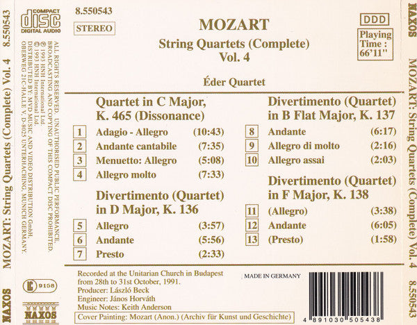 Mozart* : Éder Quartet : String Quartets (Complete) Vol. 4: K. 136 • K. 137 • K. 138 • K. 465 (CD, Album)