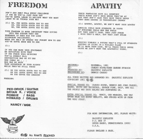Sadistic Exploits : Anarchy For Freedom (7", Single)