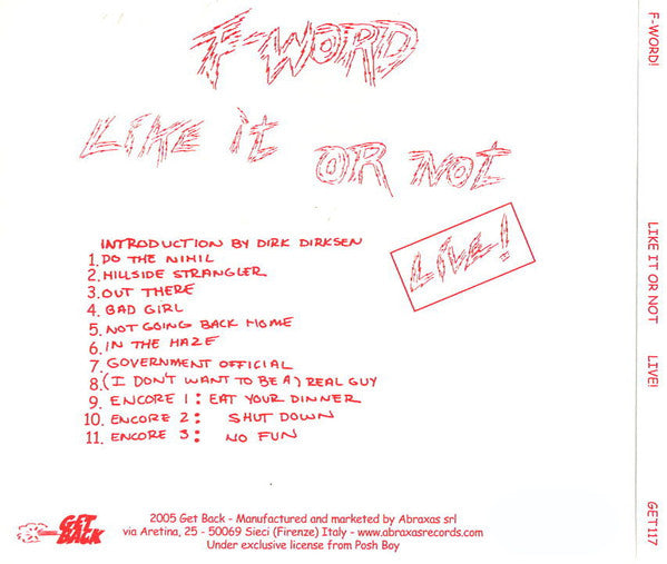 F-Word! : Like It Or Not Live (CD, Album, RE, Dig)