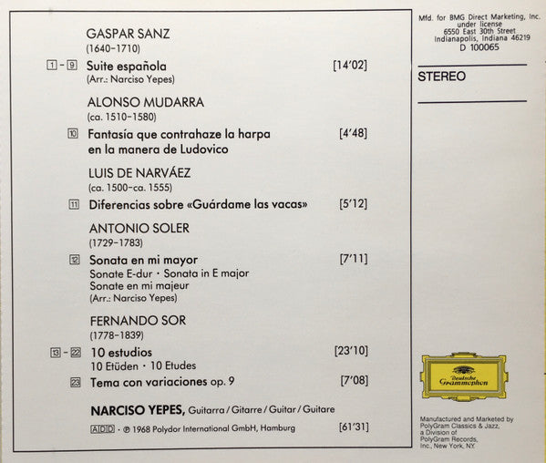 Narciso Yepes, Gaspar Sanz, Alonso Mudarra, Luis de Narváez, Antonio Soler*, Fernando Sor : Guitarra Española (CD, Album, Club)