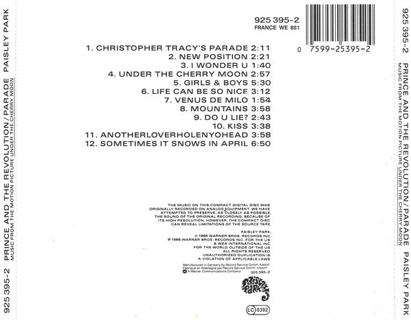 Prince And The Revolution : Parade (Music From The Motion Picture Under The Cherry Moon) (CD, Album)