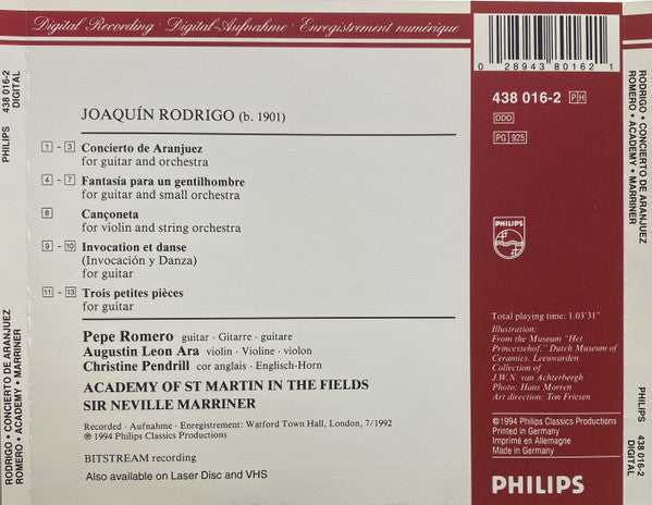 Rodrigo* - Pepe Romero, Academy Of St Martin In The Fields*, Sir Neville Marriner : Concerto De Aranjuez - Fantasia Para Un Gentilhombre (CD, Album, RE, PMD)
