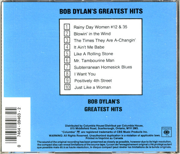Bob Dylan : Bob Dylan's Greatest Hits (CD, Comp, Club, RE, RP)