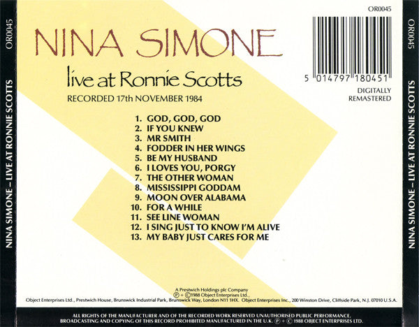 Nina Simone : Live At Ronnie Scotts (CD, Album, RE, RM)