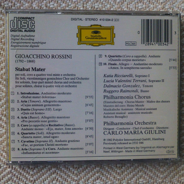 Rossini* - Katia Ricciarelli • Lucia Valentini Terrani • Dalmacio Gonzalez • Ruggero Raimondi, Philharmonia Orchestra & Philharmonia Chorus, Carlo Maria Giulini : Stabat Mater (CD, RE, PAL, PMD)