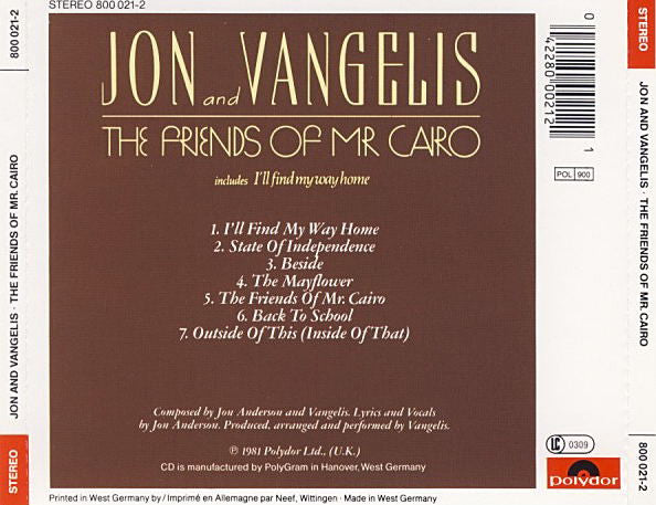 Jon And Vangelis* : The Friends Of Mr. Cairo (CD, Album, RE, RP)