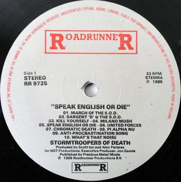S.O.D.: Stormtroopers Of Death* : Speak English Or Die (LP, Album)