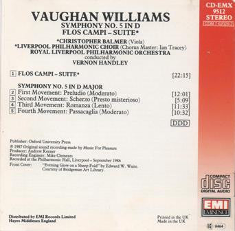 Vaughan Williams* - Christopher Balmer, Royal Liverpool Philharmonic Orchestra, Liverpool Philharmonic Choir*, Vernon Handley : Symphony No.5 In D / Flos Campi - Suite (CD)