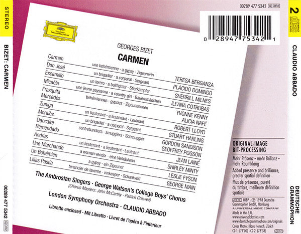 Georges Bizet - Teresa Berganza, Placido Domingo, Ileana Cotrubas, Sherrill Milnes, The Ambrosian Singers, London Symphony Orchestra, Claudio Abbado : Carmen (2xCD, Album, RE, RM)