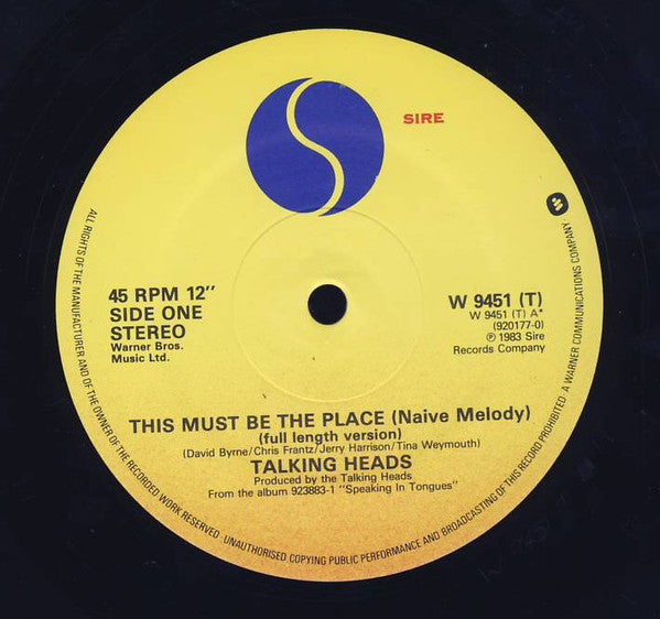 Talking Heads : This Must Be The Place (Naive Melody)-Full Length Version (12", RE)