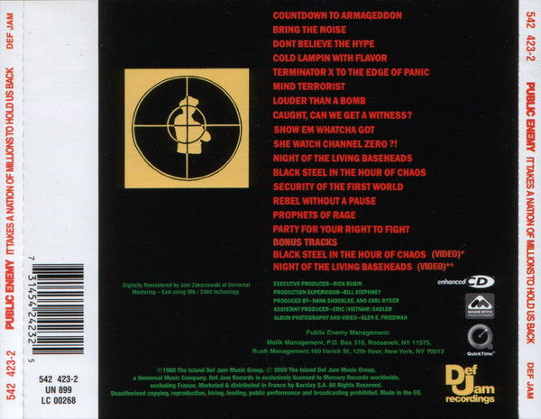 Public Enemy : It Takes A Nation Of Millions To Hold Us Back (CD, Album, Enh, RE, RM)