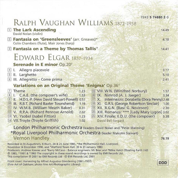 Elgar* / Vaughan Williams*, London Philharmonic Orchestra, Royal Liverpool Philharmonic Orchestra, Vernon Handley : Enigma Variations • Serenade For Strings / The Lark Ascending • Fantasia On Greensleeves • Fantasia On A Theme By Thomas Tallis (CD, Comp)