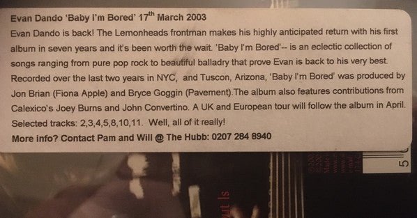 USED: Evan Dando - Baby I'm Bored (CD, Album) - Used - Used