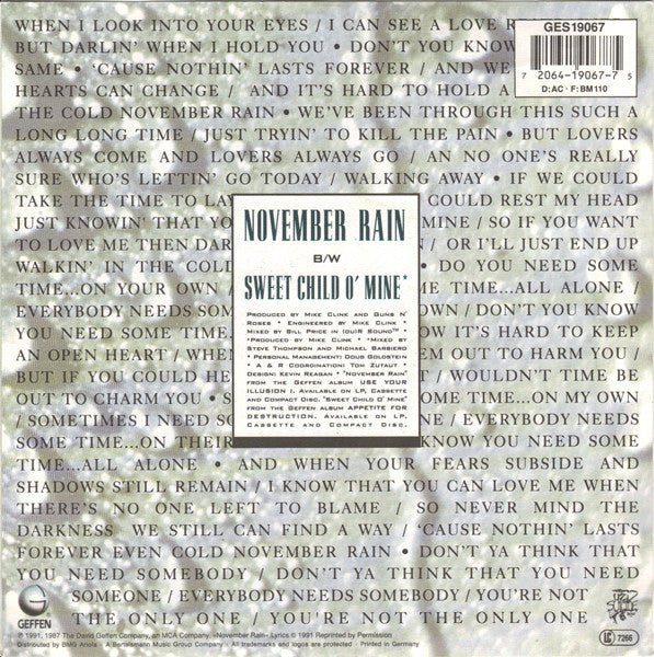 USED: Guns N' Roses - November Rain (7", Single) - Used - Used