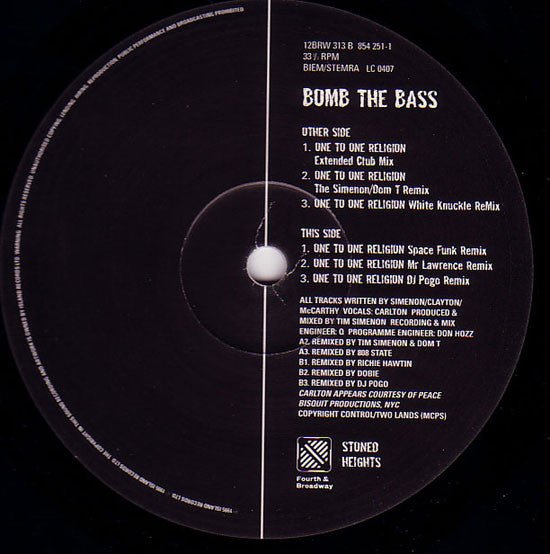 USED: Bomb The Bass Featuring Carlton - One To One Religion (12", Single) - Used - Used