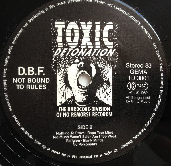 USED: D.B.F. - Not Bound To Rules (LP, Album) - Toxic Detonation