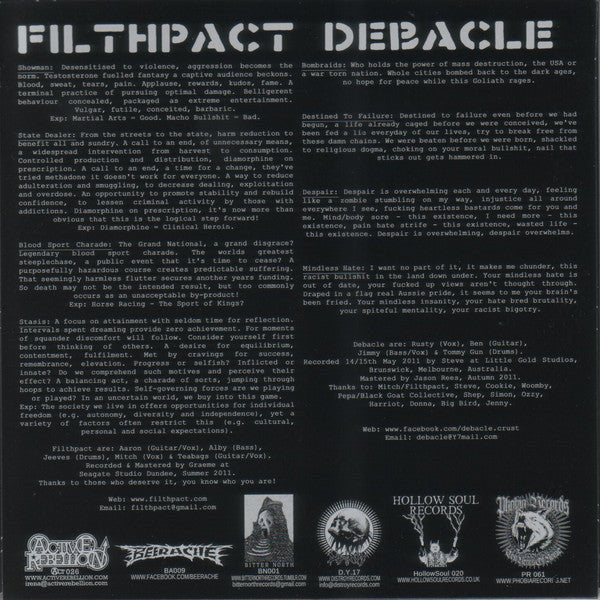 USED: Filthpact / Debacle - Global Vermin (7") - Beerache, Active Rebellion, Bitter North Records, Distro-y Records, Hollow Soul Records, Phobia Records