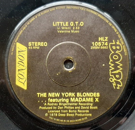 USED: The New York Blondes* . . . Featuring Madame X / Rodney And The Brunettes - Little G.T.O (7", Single) - Used - Used